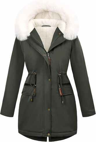 Women's Winter Warm Parka Jacket Fleece Lined Drawstring Thicken Coat Windproof Hooded Sherpa Outerwear in Saudi Arabia