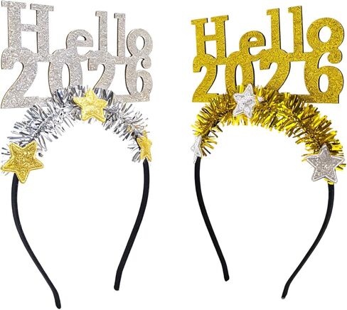 2026 Happy New Year Headband Tiara, 2 Pack Tinsel Star Headbands for Women, Hello 2026 New Year's Eve Party Headwear New Years Accessories for Christmas Holiday Party Decorations in Saudi Arabia