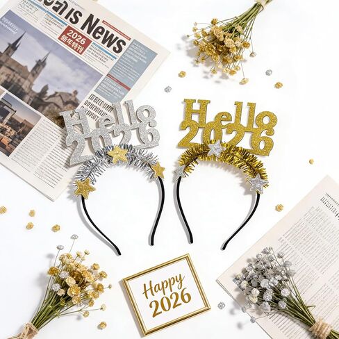 2026 Happy New Year Headband Tiara, 2 Pack Tinsel Star Headbands for Women, Hello 2026 New Year's Eve Party Headwear New Years Accessories for Christmas Holiday Party Decorations in Saudi Arabia