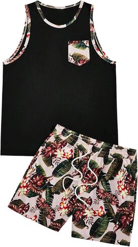 Men's 2 Pieces Set Tropical Print Elastic Waist Shorts Sleeveless Tank Top Outfit Tracksuit in Saudi Arabia