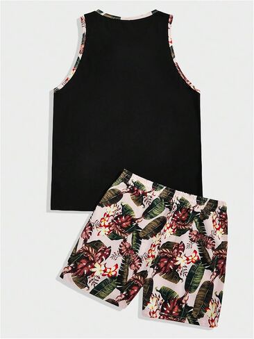 Men's 2 Pieces Set Tropical Print Elastic Waist Shorts Sleeveless Tank Top Outfit Tracksuit in Saudi Arabia