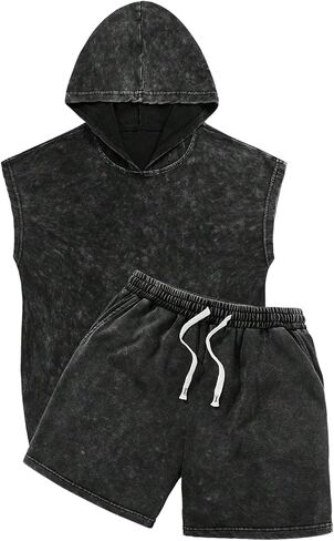 Men's 2 Piece Gym Workout Outfits Vintage Washed Hooded Tank Tops and Drawstring Shorts Tracksuits Set in Saudi Arabia