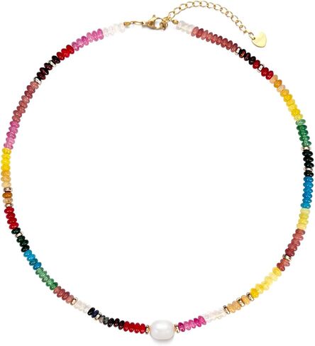 Beaded Necklaces for Women Gemstone Necklace with Freshwater Pearl Crystal Beaded Necklace Natural Stone Summer Beach Bead Choker Boho Necklaces for Women in Saudi Arabia