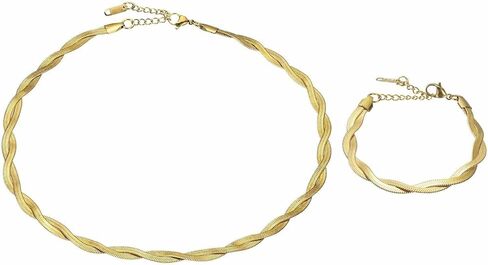 MECCANIXITY Snake Chain Necklace Herringbone Chokers Stackable Metal Braided Necklace, Waves Multi-Layer Waterproof Chain with Bracelet for Women in Saudi Arabia