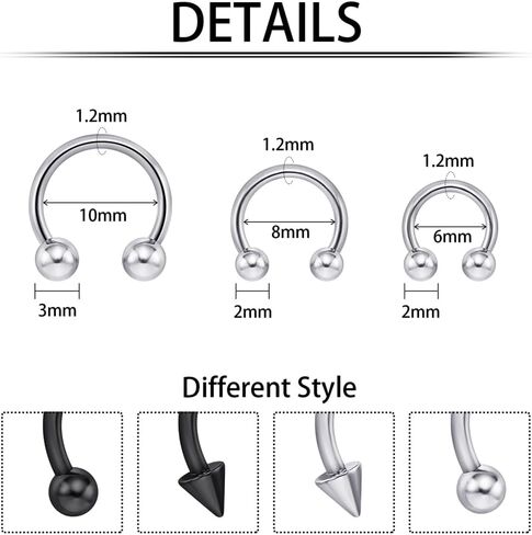 Intera 16G حلقات حاجز فولاذية جراحية حلقات الشفاه طوق حدوة الحصان - الأنف، الحاجب تراغوس دايث هيليكس ثقب المجوهرات للنساء والرجال، 6-12 مم in Kuwait