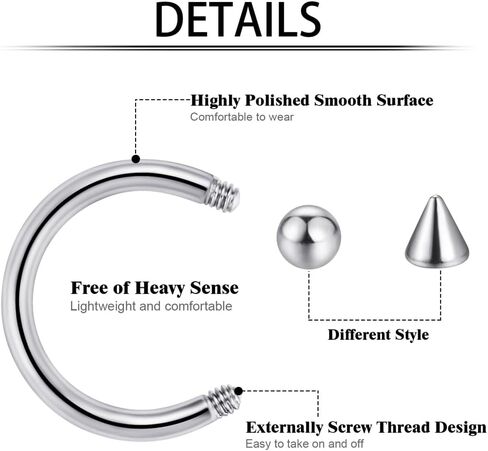 Intera 16G حلقات حاجز فولاذية جراحية حلقات الشفاه طوق حدوة الحصان - الأنف، الحاجب تراغوس دايث هيليكس ثقب المجوهرات للنساء والرجال، 6-12 مم in Kuwait