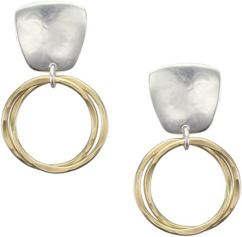 Tapered Square with Interlocking Rings Clip on Earring in Brass and Silver in Saudi Arabia