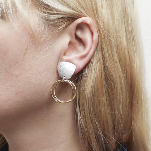 Tapered Square with Interlocking Rings Clip on Earring in Brass and Silver in Saudi Arabia
