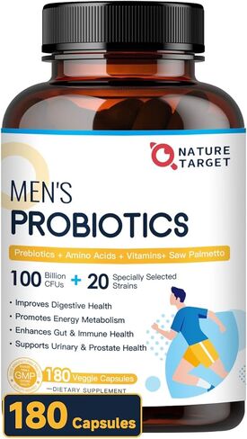 NATURE TARGET Probiotics for Men, 100 Billion CFUs Probiotics for Digestive Health with Enzymes & Prebiotics, 180 Veg Capsules, Mens Probiotic for Gut & Bloating, with Saw Palmetto for Prostate Health in Saudi Arabia