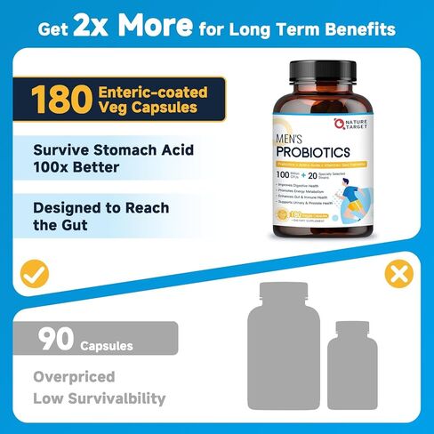NATURE TARGET Probiotics for Men, 100 Billion CFUs Probiotics for Digestive Health with Enzymes & Prebiotics, 180 Veg Capsules, Mens Probiotic for Gut & Bloating, with Saw Palmetto for Prostate Health in Saudi Arabia