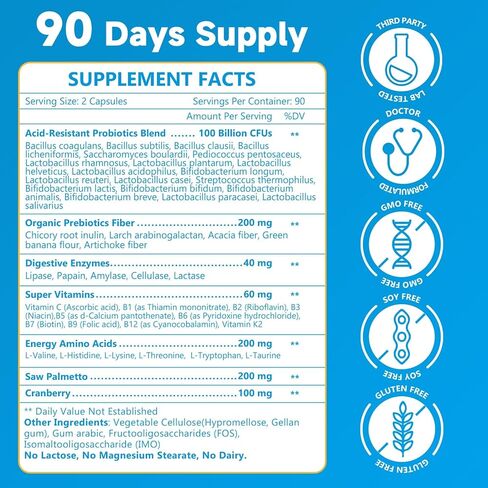NATURE TARGET Probiotics for Men, 100 Billion CFUs Probiotics for Digestive Health with Enzymes & Prebiotics, 180 Veg Capsules, Mens Probiotic for Gut & Bloating, with Saw Palmetto for Prostate Health in Saudi Arabia