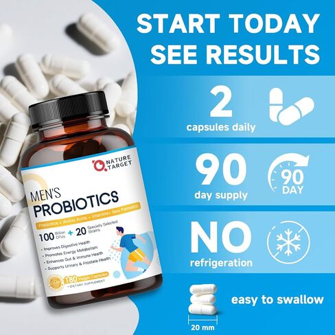 NATURE TARGET Probiotics for Men, 100 Billion CFUs Probiotics for Digestive Health with Enzymes & Prebiotics, 180 Veg Capsules, Mens Probiotic for Gut & Bloating, with Saw Palmetto for Prostate Health in Saudi Arabia