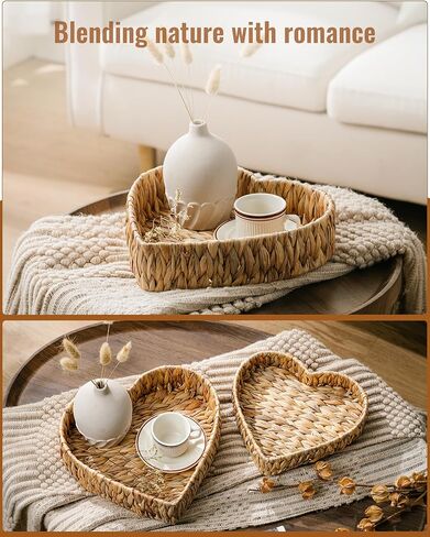 Heart Shaped Serving Tray Set - 2-Piece Handmade Rattan Nesting Trays for Food, Fruit & Party Display, Decorative Bowl for Coffee Table and Dining Room Decor (Large & Small) in Saudi Arabia