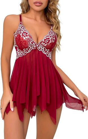 Sexy V Neck Front Closure Ruffle Floral Lace Mesh Sheer Babydoll Lingerie Dress Set with Thong 2 Piece in Saudi Arabia