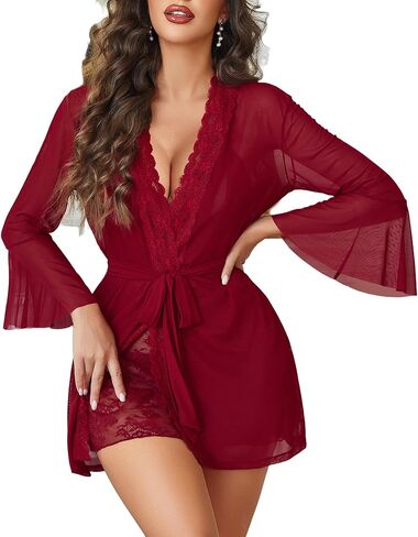 Avidlove Women Sexy Lingerie Set 3 Piece Mesh Kimono Robe with Lace Babydoll Sleepwear Halter Lingerie Nightgown in Saudi Arabia