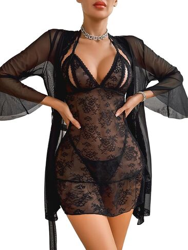 Avidlove Women Sexy Lingerie Set 3 Piece Mesh Kimono Robe with Lace Babydoll Sleepwear Halter Lingerie Nightgown in Saudi Arabia