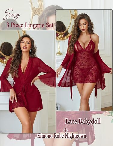 Avidlove Women Sexy Lingerie Set 3 Piece Mesh Kimono Robe with Lace Babydoll Sleepwear Halter Lingerie Nightgown in Saudi Arabia