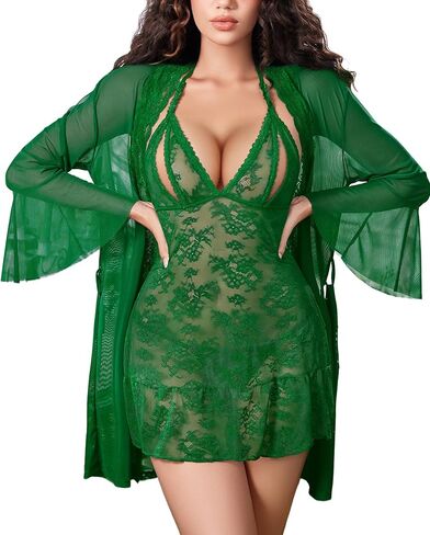 Avidlove Women Sexy Lingerie Set 3 Piece Mesh Kimono Robe with Lace Babydoll Sleepwear Halter Lingerie Nightgown in Saudi Arabia