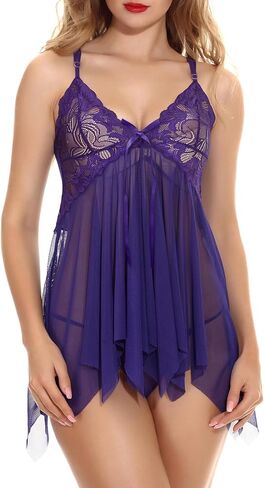 Sexy V Neck Front Closure Ruffle Floral Lace Mesh Sheer Babydoll Lingerie Dress Set with Thong 2 Piece in Saudi Arabia