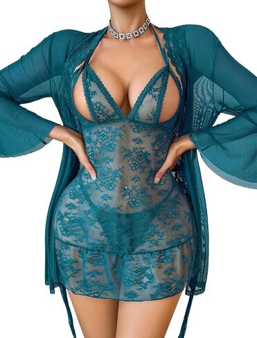 Avidlove Women Sexy Lingerie Set 3 Piece Mesh Kimono Robe with Lace Babydoll Sleepwear Halter Lingerie Nightgown in Saudi Arabia