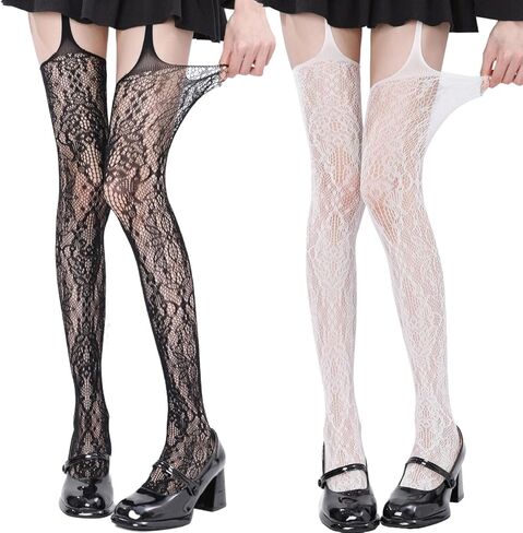 2pcs Y2K Goth Fishnet Tights for Women Ripped Thigh High Stockings with Garter Belt Suspender Lingerie Pantyhose in Saudi Arabia