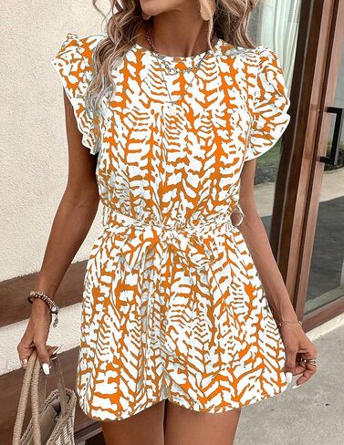 Women’s Printed Romper with Tie Waist, Butterfly Sleeve Casual Jumpsuit for Summer and Vacation in Saudi Arabia