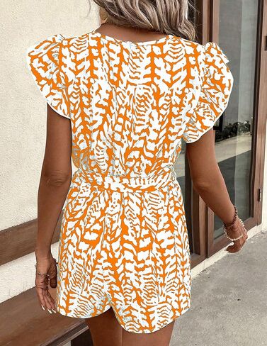 Women’s Printed Romper with Tie Waist, Butterfly Sleeve Casual Jumpsuit for Summer and Vacation in Saudi Arabia