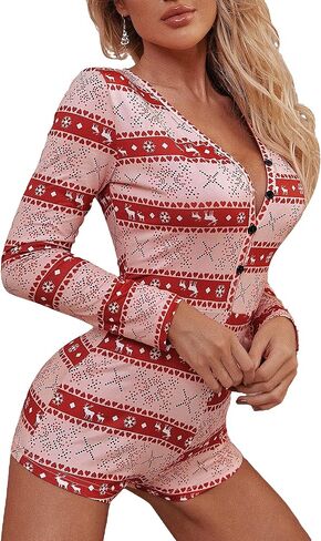 Womens Sexy Christmas One-Piece Romper Jumpsuit Xmas Printed V Neck Slim Fit Bodysuit Pjs Shorts Overall Sleepwear in Saudi Arabia