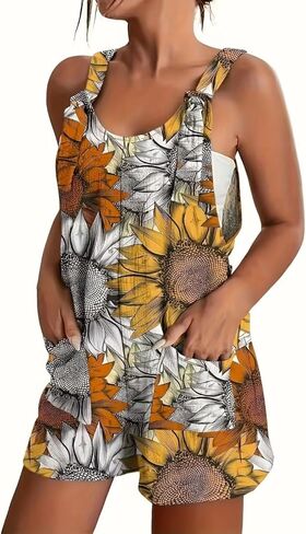Plus Size Women's Sunflower Print Sleeveless Romper Shorts with Pockets Casual Summer Jumpsuit in Saudi Arabia