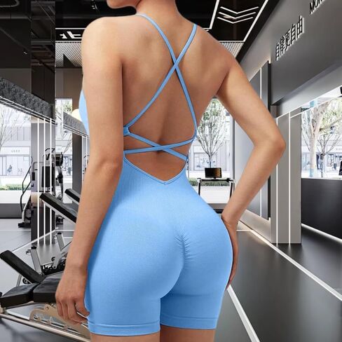 Women's Yoga Jumpsuits, Workout V Back Rompers for Women Seamless One Piece Tummy Control Jumpsuit Scrunch Yoga Short in Saudi Arabia