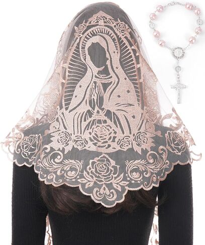 Bozidol Our Lady of Guadalupe Mantilla Chapel Veil and Rosary for Car, Religious Catholic Gifts for Women Christmas Birthday in Saudi Arabia