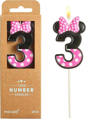 PHD CAKE 2.76 Inch Cartoon Pink and Black Mouse 3 Number Birthday Candles, Anime Cartoon Number Candles, Cake Number Candles, Party Celebration, Style Candle in Kuwait
