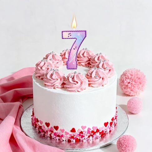 موضوع الموسيقى عيد ميلاد عدد 7 الشموع، الوردي الأرجواني كعكة الشموع السابعة مع الرموز الموسيقية الدانتيل تصميم كعكة توبر لمستلزمات الحفلات احتفالات الذكرى السنوية (رقم سبعة) in Saudi Arabia