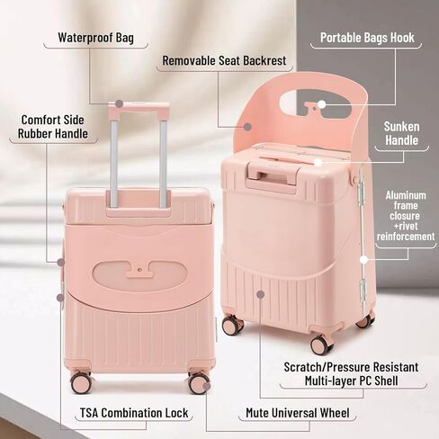 22 Inch Hardside Checked Luggage with Child Seat - 40L Spinner Suitcase W/TSA Lock, Aircraft-Grade ABS+PC Shell & Commercial Wheels for Family Travel (Pink) in Kuwait