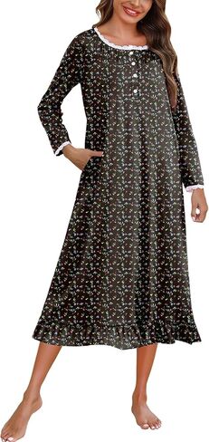 Marvmys Womens Cotton Long Sleeve Nightgown Long Sleepshirts Lace Trim Victorian Sleepwear with Pockets in Kuwait