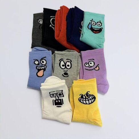5Pair Random Emoji Pattern Socks,Multi - colored Mid - calf Socks for Outdoor and Daily Wear in Saudi Arabia