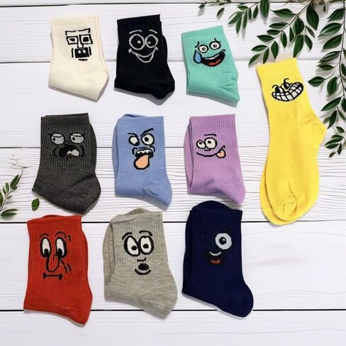 5Pair Random Emoji Pattern Socks,Multi - colored Mid - calf Socks for Outdoor and Daily Wear in Saudi Arabia