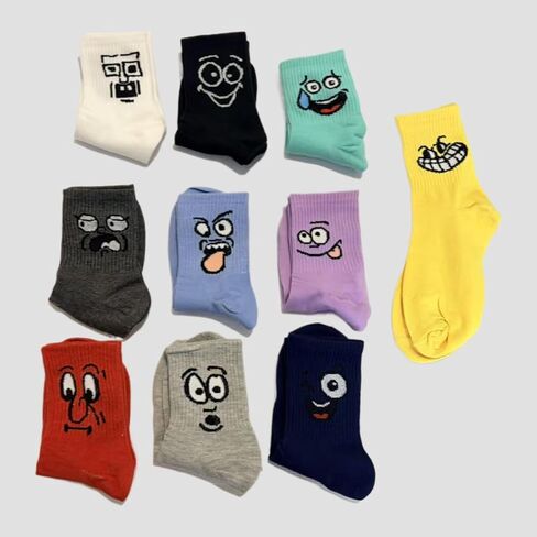 5Pair Random Emoji Pattern Socks,Multi - colored Mid - calf Socks for Outdoor and Daily Wear in Saudi Arabia