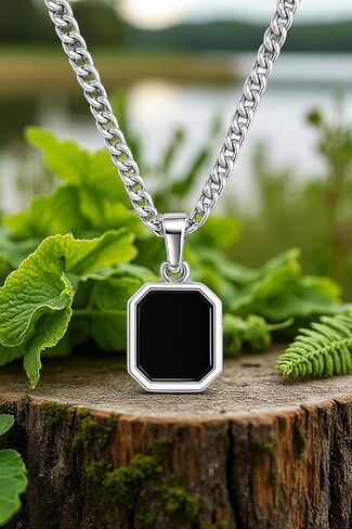 Men’s Black Onyx Pendant Necklace in 925 Sterling Silver – Octagon Gemstone Jewelry, Handmade Healing Stone Necklace, Minimalist Silver Pendant Gift for Him (Without Chain) in Saudi Arabia