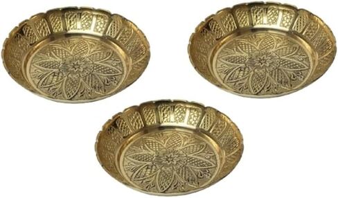 Set of 3 Nakshi Plate, Decorative Brass Prasad Plate Katori for Indian Traditional Festival New year Decorations Pooja Utensils Items Articles Housewarming (Size:-4" Diameter) Patra(Katori)(Golden) in Saudi Arabia