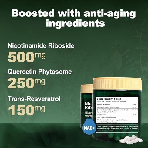 مكمل Liposomal NAD+، نيكوتيناميد ريبوسيد مع ريسفيراترول 900 مجم للنساء والرجال، مكمل معزز NAD عالي النقاء للطاقة والشيخوخة الصحية - 90 كبسولة in Kuwait