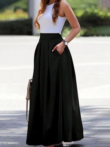 Women's High Waist A-Line Midi Skirt Casual Skater Flared Knee Length Skirts in Saudi Arabia