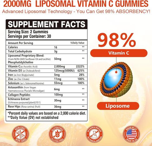 2 Pack Liposomal Vitamin C 2000mg Gummies Complex Rose HIPS with D3 5000IU,Elderberry Echinacea,Iron & Zinc for Adults Kids Immune,Antioxidant & Collagen Support,Orange Flavor, 120Count in Saudi Arabia