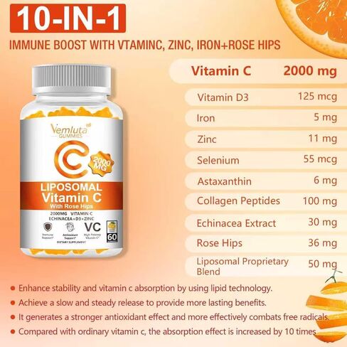 2 Pack Liposomal Vitamin C 2000mg Gummies Complex Rose HIPS with D3 5000IU,Elderberry Echinacea,Iron & Zinc for Adults Kids Immune,Antioxidant & Collagen Support,Orange Flavor, 120Count in Saudi Arabia