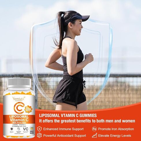 2 Pack Liposomal Vitamin C 2000mg Gummies Complex Rose HIPS with D3 5000IU,Elderberry Echinacea,Iron & Zinc for Adults Kids Immune,Antioxidant & Collagen Support,Orange Flavor, 120Count in Saudi Arabia