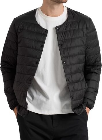 Men's Quilted Lightwight Puffer Jacket, Collarless Down Jacket Coats with Pockets, Portable Coat with Storage Bag in Saudi Arabia