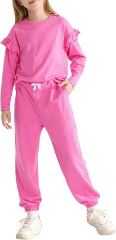 بدلة رياضية للفتيات من Valcatch مكونة من قطعتين سويت شيرت لطيف مكشكش وسراويل رياضية للأطفال طقم رياضي للركض ملابس الخريف والشتاء in Kuwait