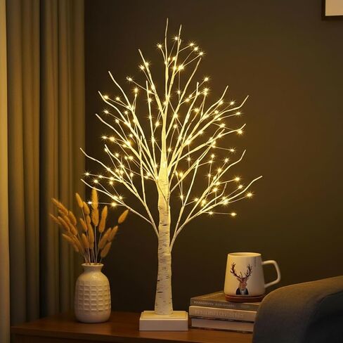 شجرة بتولا مضاءة بطول 2 قدم مع 144 مصباح LED أبيض دافئ - شجرة عيد الميلاد بيضاء صغيرة مع قطعة مركزية للأضواء لسطح الطاولة وديكور العطلات، شجرة داخلية جاهزة للهدايا مع مؤقت، تعمل بـ USB/البطارية in Kuwait