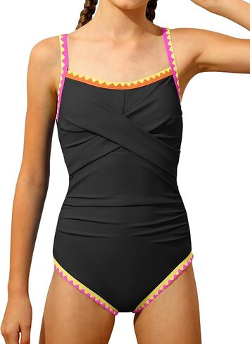 Girls Swimsuit One Piece Bathing Suits for Girls Color Contrast Trim Criss Cross Padded Swimwear 11-16Y in Saudi Arabia