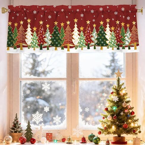 أشجار عيد الميلاد الستائر للنوافذ 54x18 بوصة الأحمر عيد الميلاد الستار الستارة للمطبخ الحمام غرفة المعيشة ديكور غرفة نوم in Kuwait